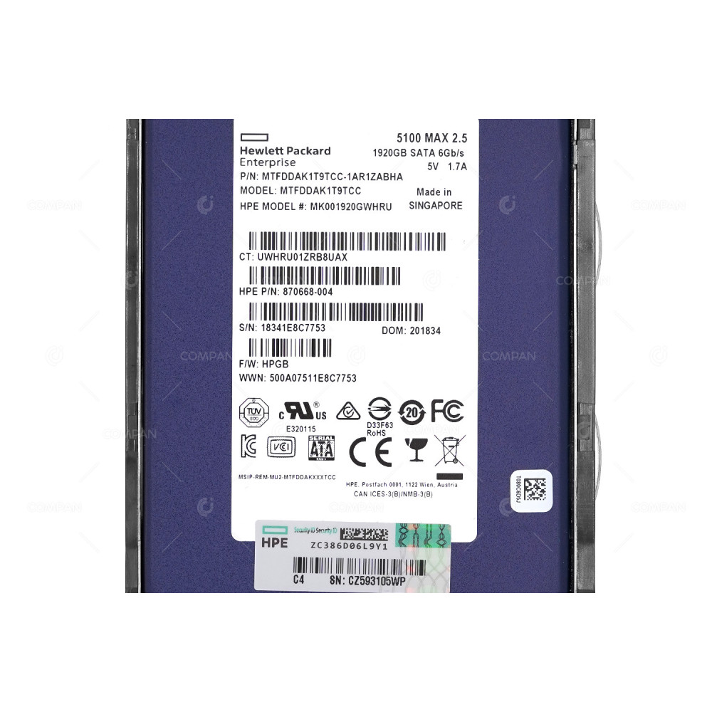 875867-001  HPE 1920GB 2.5 SFF 6G SATA SSD MU SC DRIVE